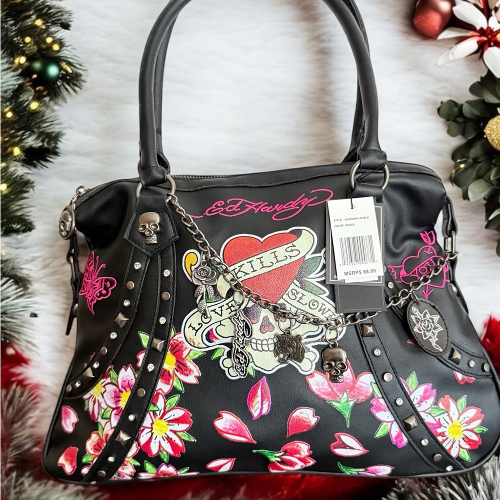 Ed Hardy Black Floral and Tattoo Print Women's Bag